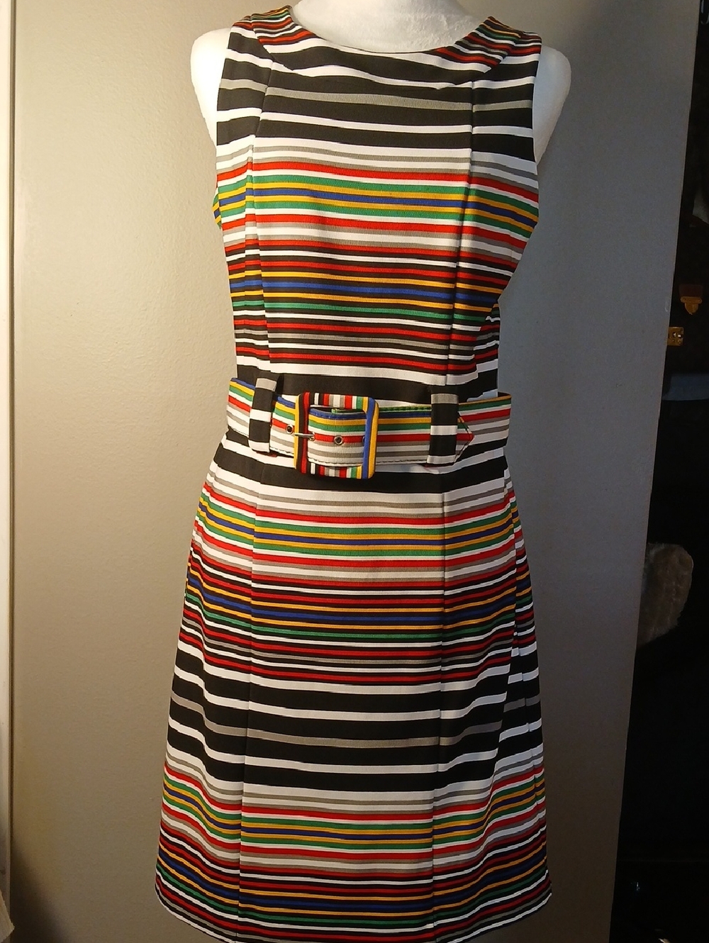 Striped Belted Sheath Sleeveless Dress - Multicolor 8P